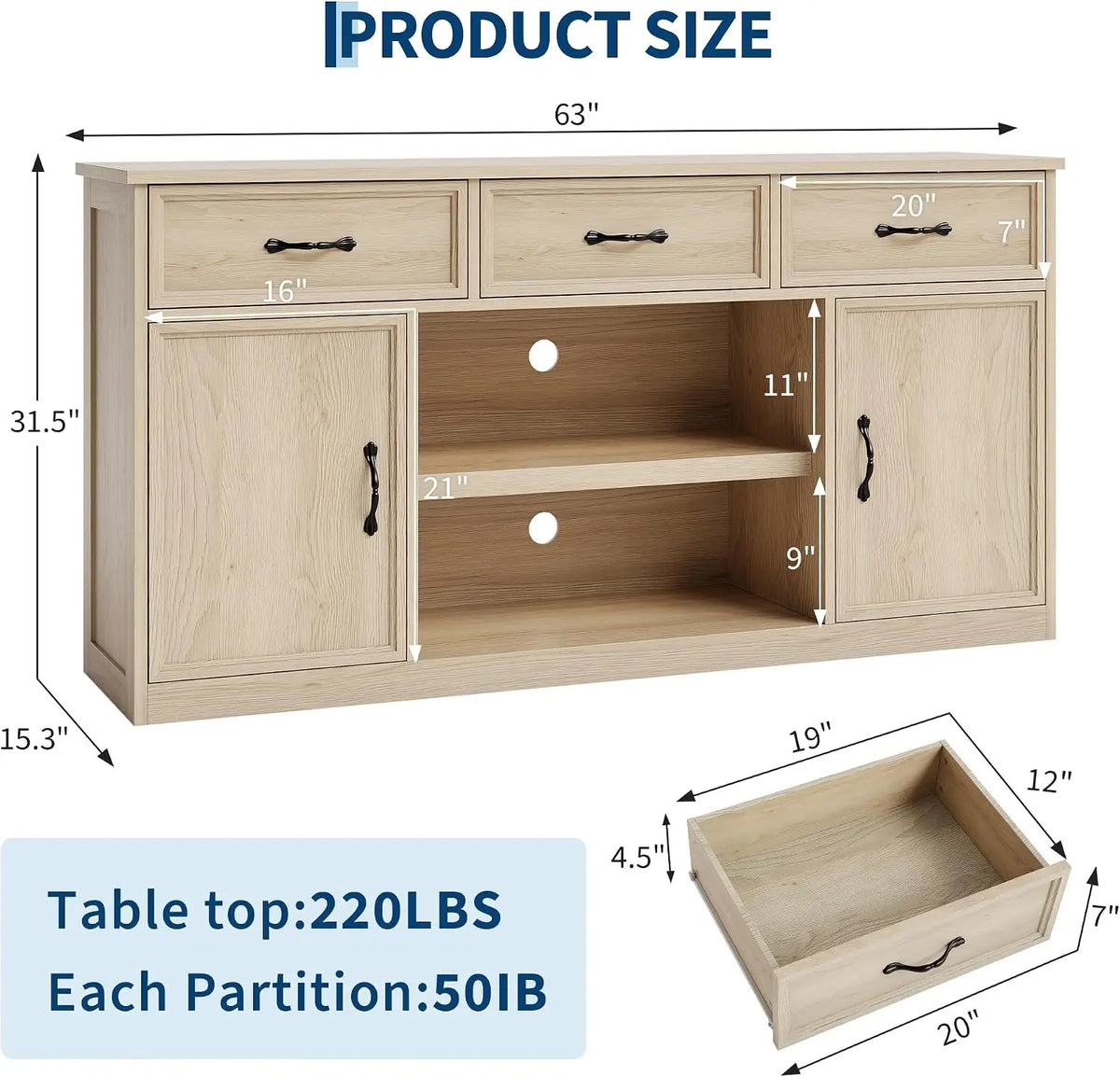 TV Stand For 65 Inch TV Farmhouse Television Cabinet With 3 Drawers 2 Doors Adjustable Shelves Storage And Open Shelves Wooden TV Console Media Cabinet