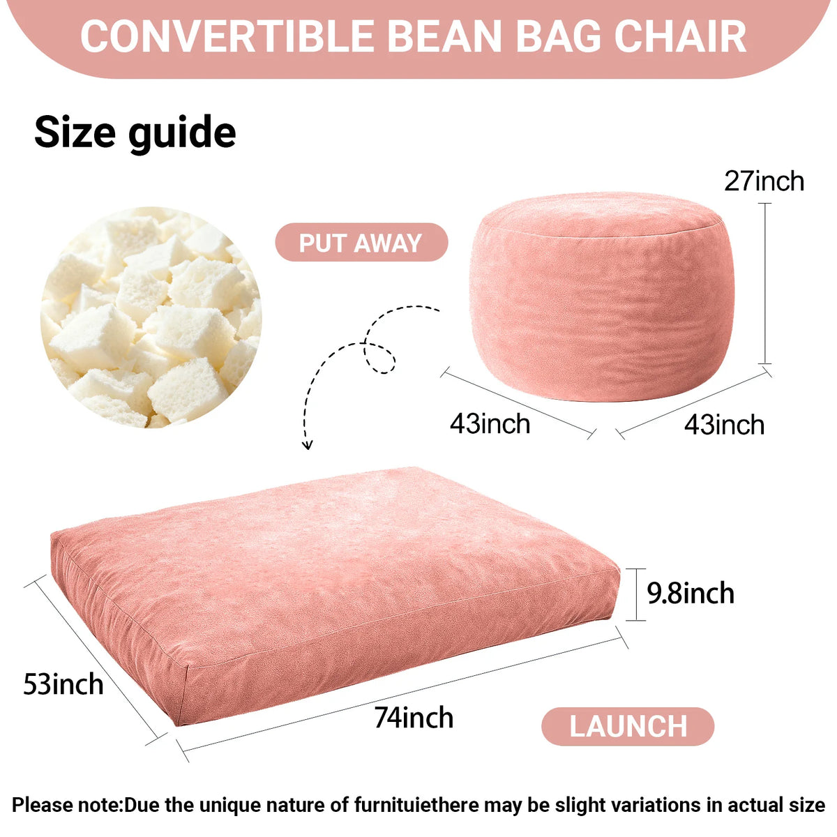 3-in-1 Adult Single Bean Bag Chair Bed, Memory Foam Convertible Lounger, Folds to Floor Mattress, Soft Washable Faux Fur Cover