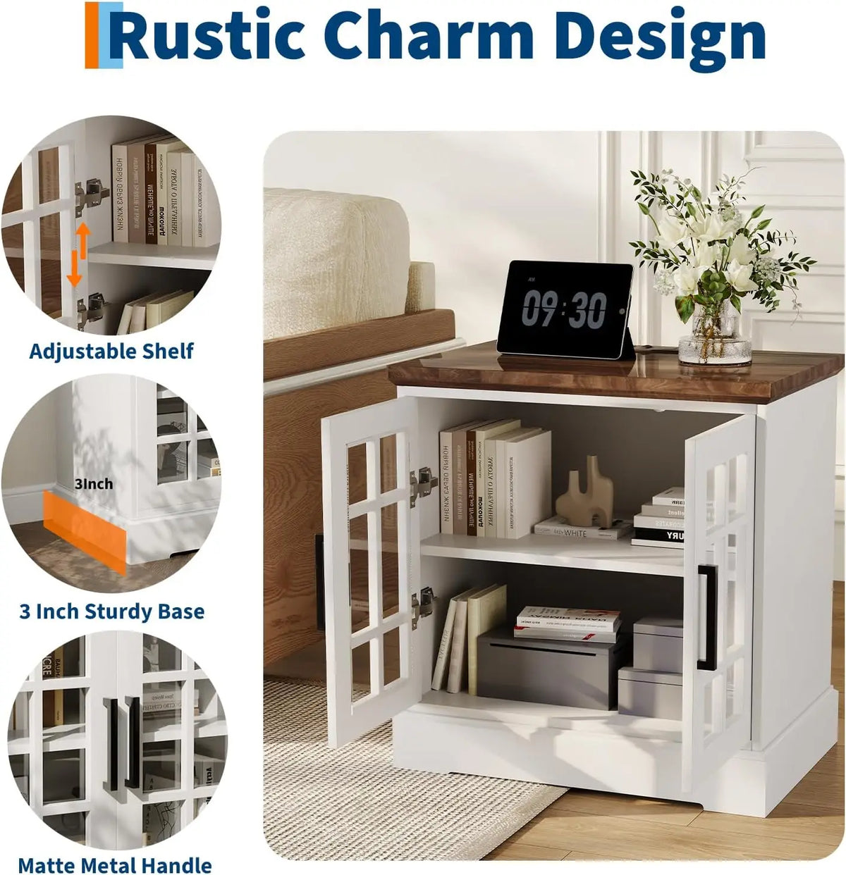 Garvee Farmhouse End Table with Charging Station 24Inch Large Sofa Side Table with Grid  Tempered Glass Doors  Nightstand with Adjustable Storage Shelf for Living Room, Bedroom