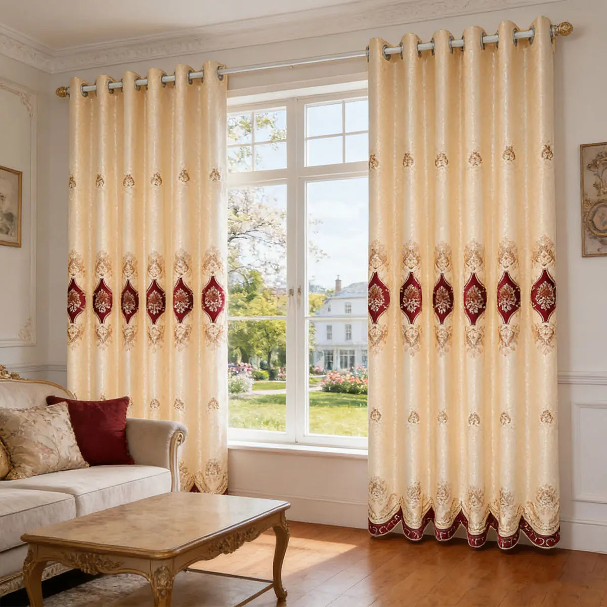 2 Panels European 3D Embroidered Blackout Curtains, Champagne Luxury Window Drapes, Grommet Top Ready Curtains for Living Room Bedroom Bay Window