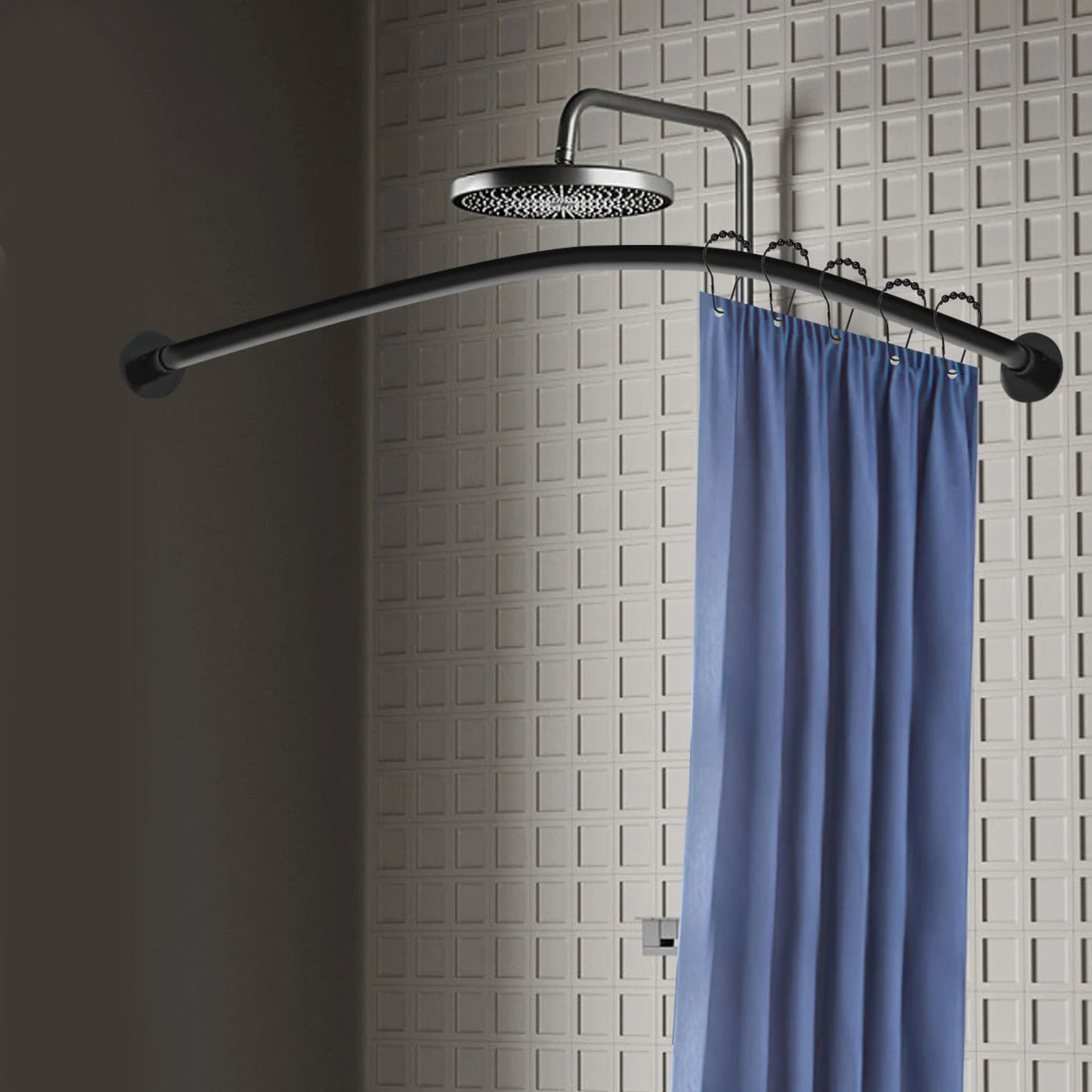 Shower Curtain Rail L Shape No Drilling Rail Corner Stainless Steel Telescopic Rod with Shower Curtain Rings