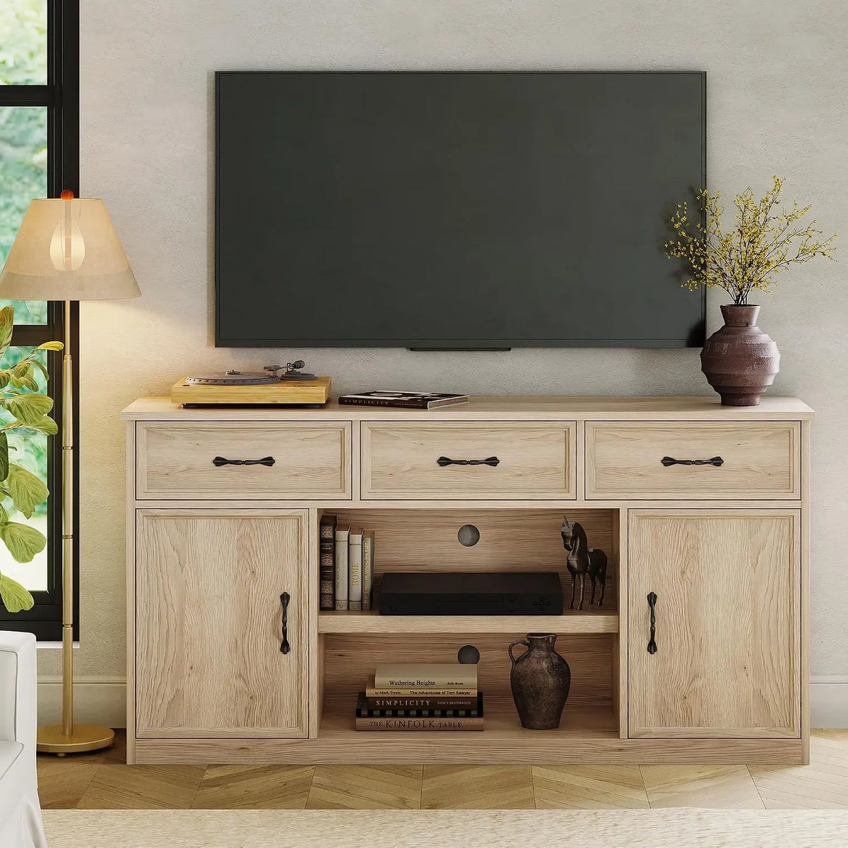 TV Stand For 65 Inch TV Farmhouse Television Cabinet With 3 Drawers 2 Doors Adjustable Shelves Storage And Open Shelves Wooden TV Console Media Cabinet