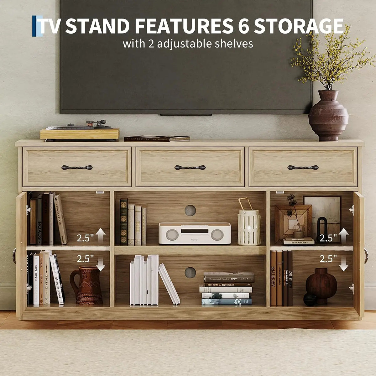 TV Stand For 65 Inch TV Farmhouse Television Cabinet With 3 Drawers 2 Doors Adjustable Shelves Storage And Open Shelves Wooden TV Console Media Cabinet