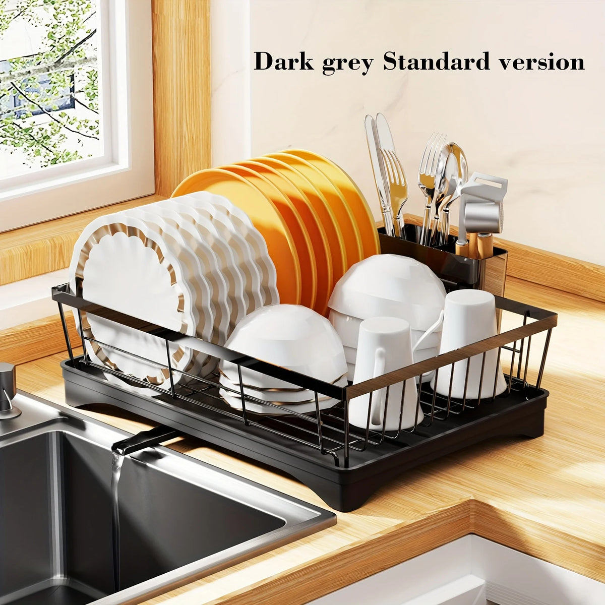 2 Tier And 1 Tier Dish Drying Rack for Kitchen Counter, Dish Drainers for Kitchen Counter with Drainboard, Metal Kitchen Dish Rack with Drain, Kitchen Drying Rack Two Tier, Black Dish Racks, Spoons And Fork
