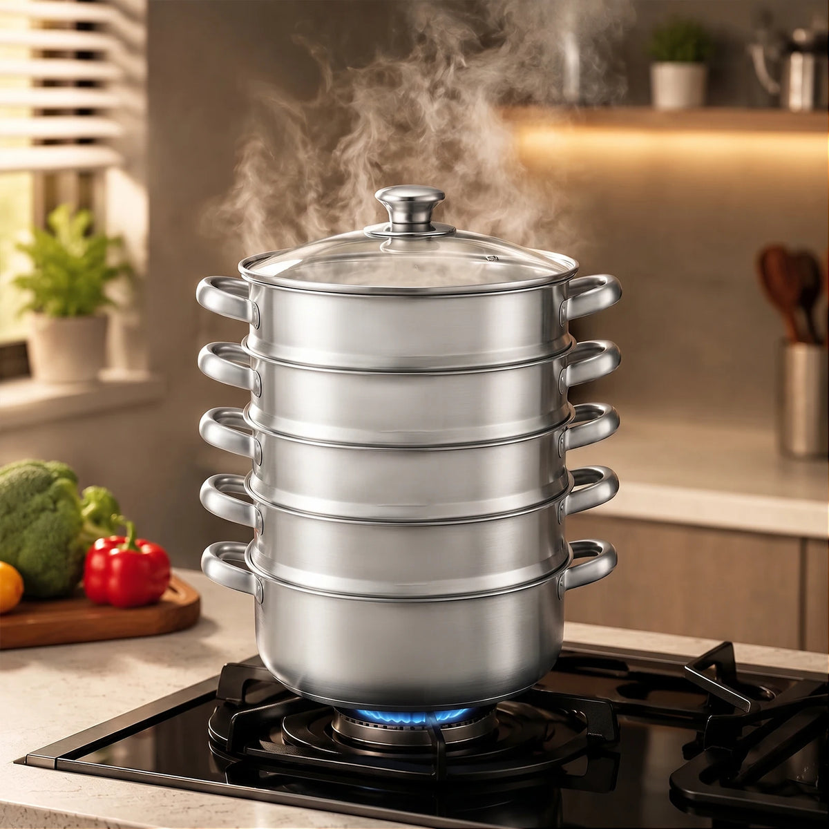 5-Tier Stainless Steel Steamer Multifunctional Steamer, 30cm High-Quality Steamer for Domestic or Commercial for Healthy Cooking