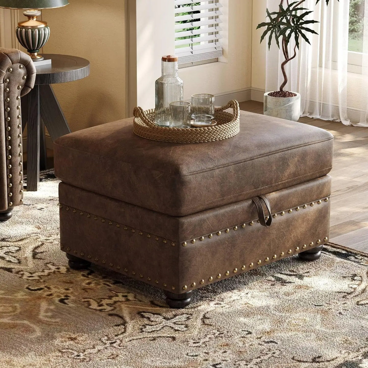 ONBRILL 1-Piece Brown Faux Leather Storage Ottoman, Rectangular Lift-Top Footstool with Nailhead Trim, Hidden Storage Compartment, Solid Wood Legs, 300-Lb Capacity for Living Room Bedroom Entryway