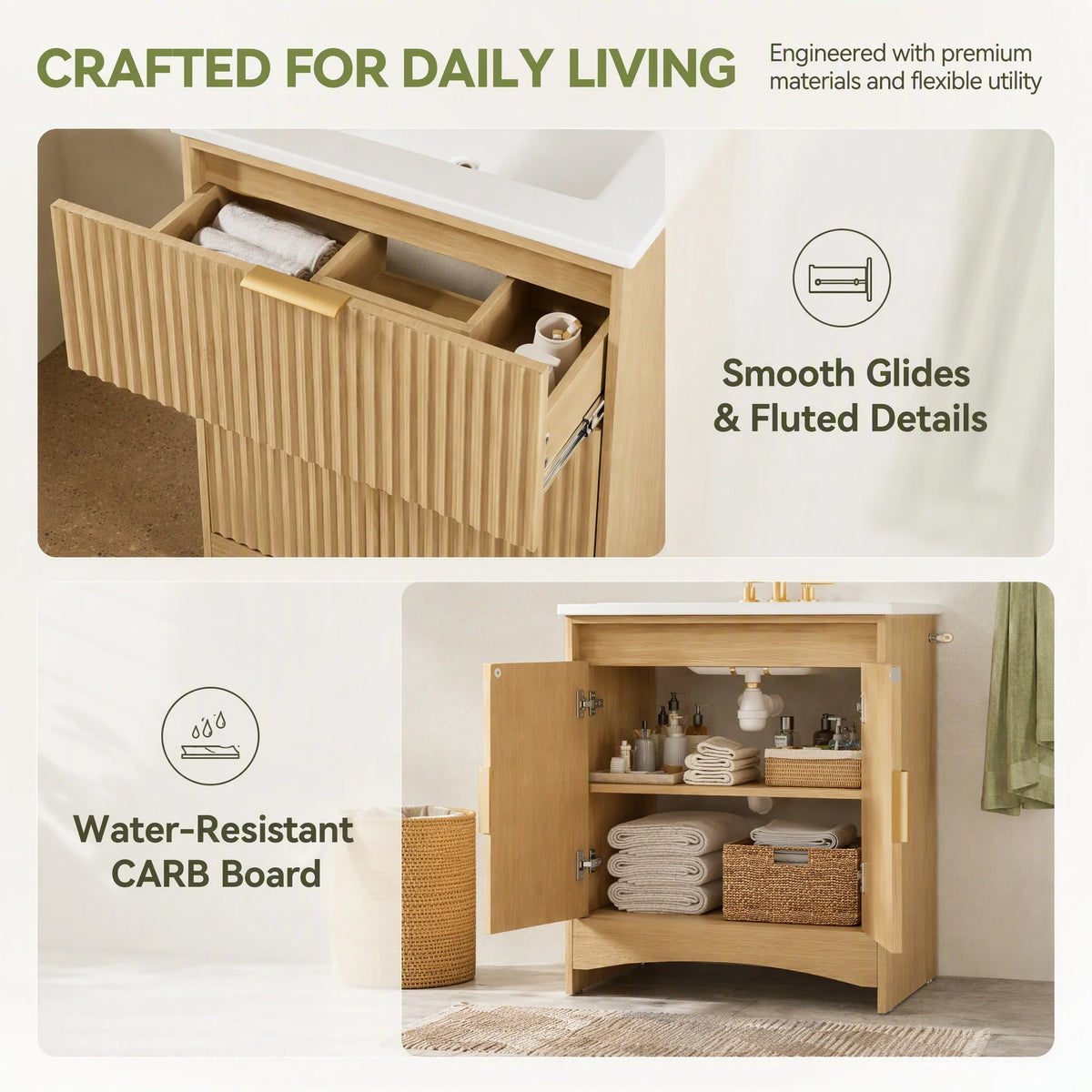 30 Inch Fluted Bathroom Vanity with Ceramic Sink, U‑Shaped Drawer & Adjustable U‑Shaped Shelf, CARB‑Certified Bathroom Storage Cabinet