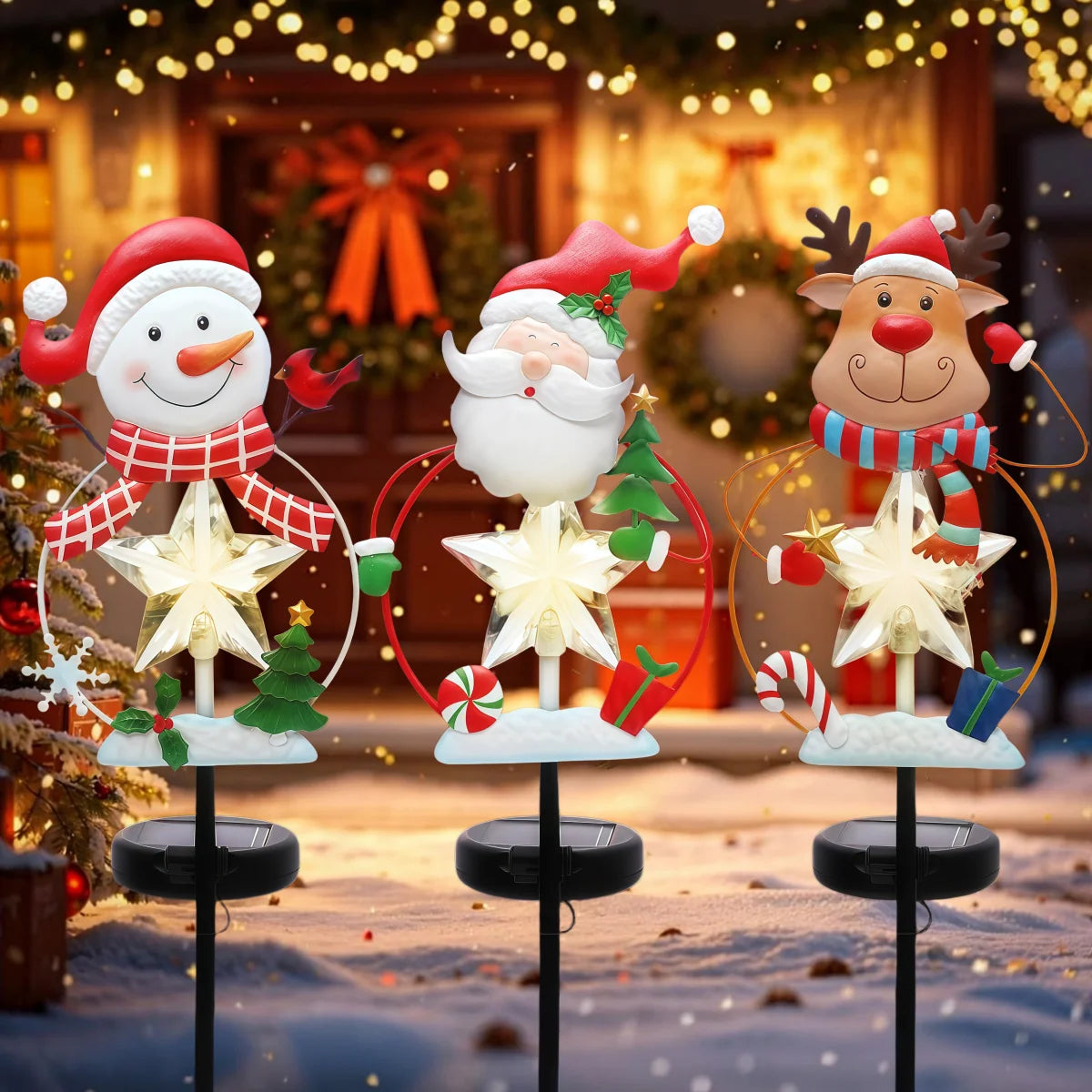Christmas Stake Decor, Outdoor Garden Solar Light Metal Snowman/Santa Claus/Reindeer Yard Stakes with Lights, Outdoor Solar Christmas, Snowman, Deer, and Lawn Decoration Lights, Christmas Lights for Home Lawn Pathway Holiday