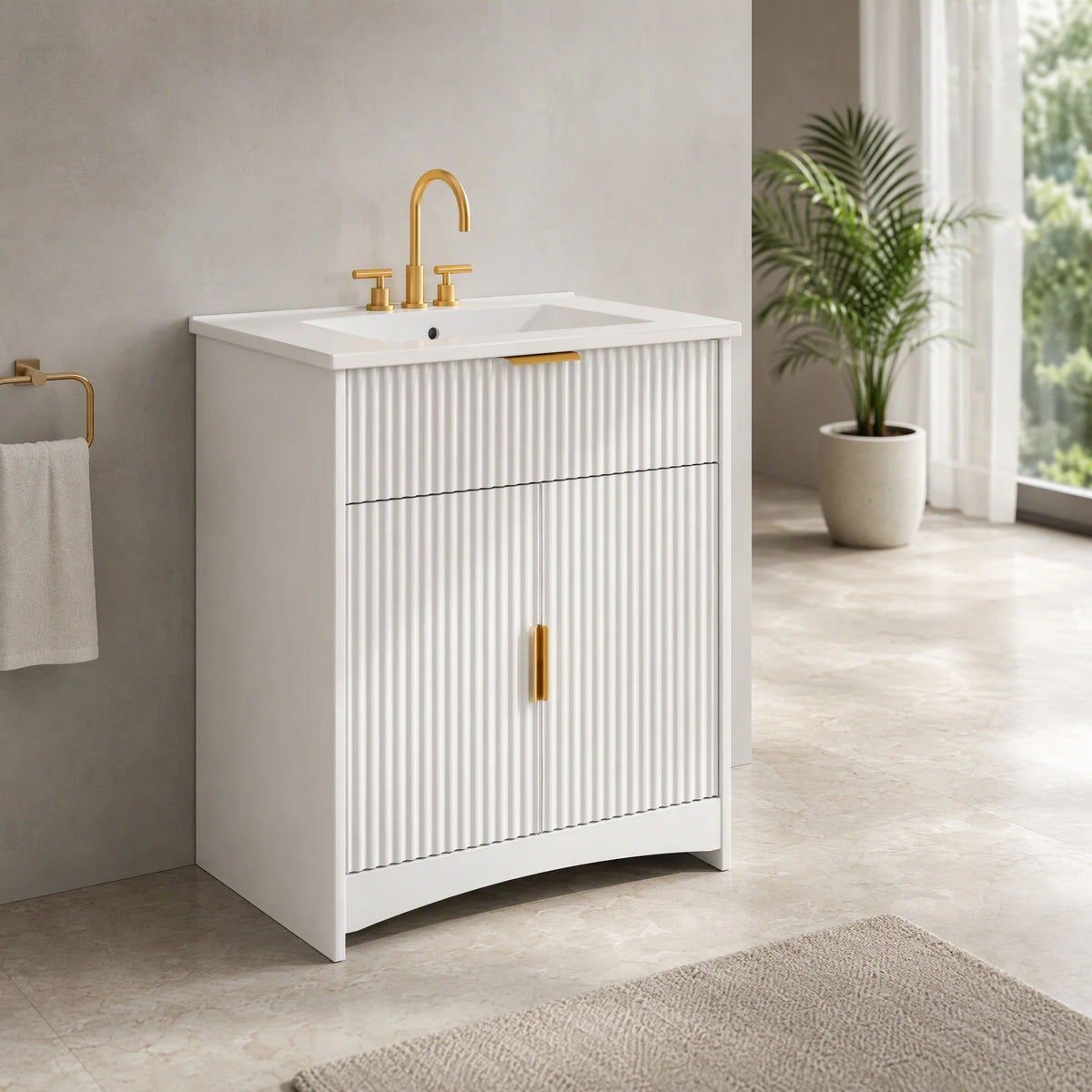 30 Inch Fluted Bathroom Vanity with Ceramic Sink, U‑Shaped Drawer & Adjustable U‑Shaped Shelf, CARB‑Certified Bathroom Storage Cabinet