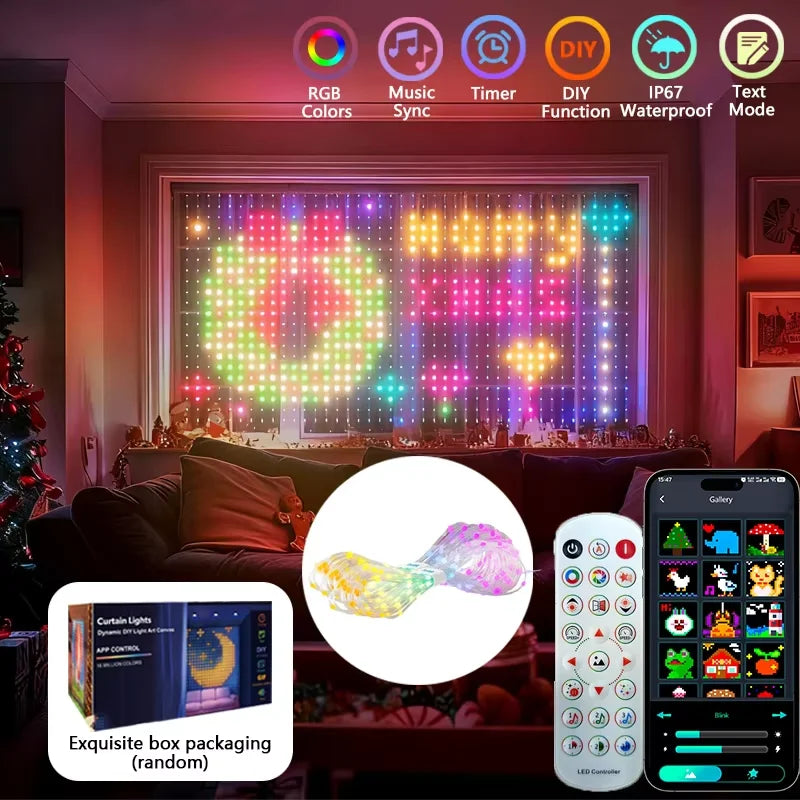 400LED Smart Curtain Lights APP Remote Control Custom Pattern DIY Window String Lights For Christmas Holiday Party Home Decor 2x2M/3x3M