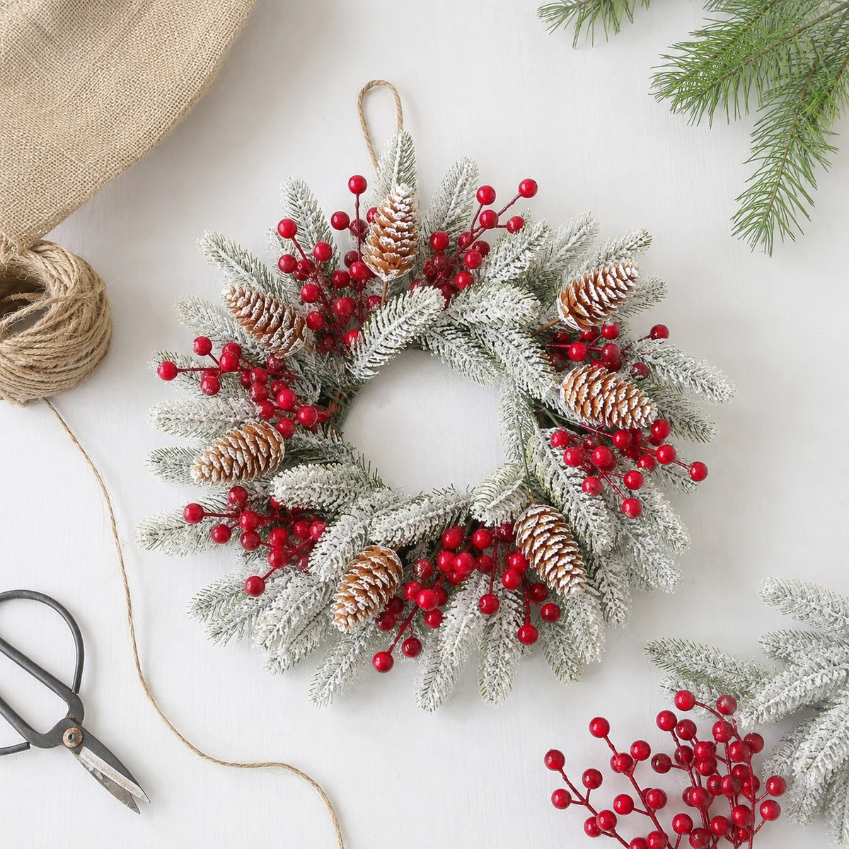 20PC Christmas Artificial Cedar Branches Red Berry Stems Pine Cone Picks Snowy Winter Greenery for Vase Wreath Garland DIY Decor