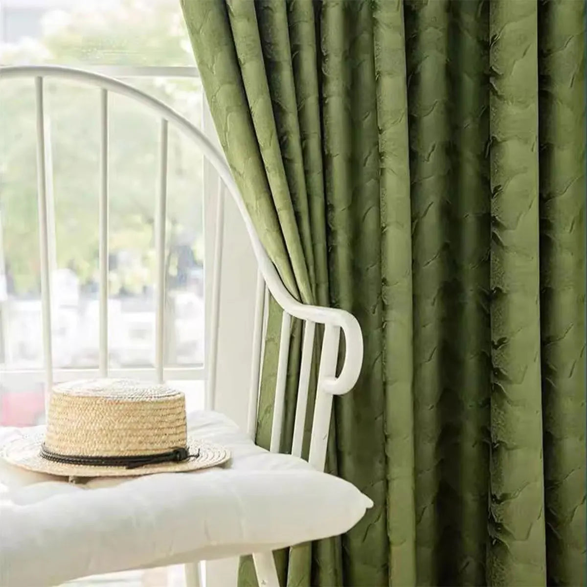 2 Panels Embossed Mountain Pattern Blackout Curtains, Olive Green Suede Texture Thermal Insulated Noise Reducing Window Drapes for Bedroom Living Room Home Decor