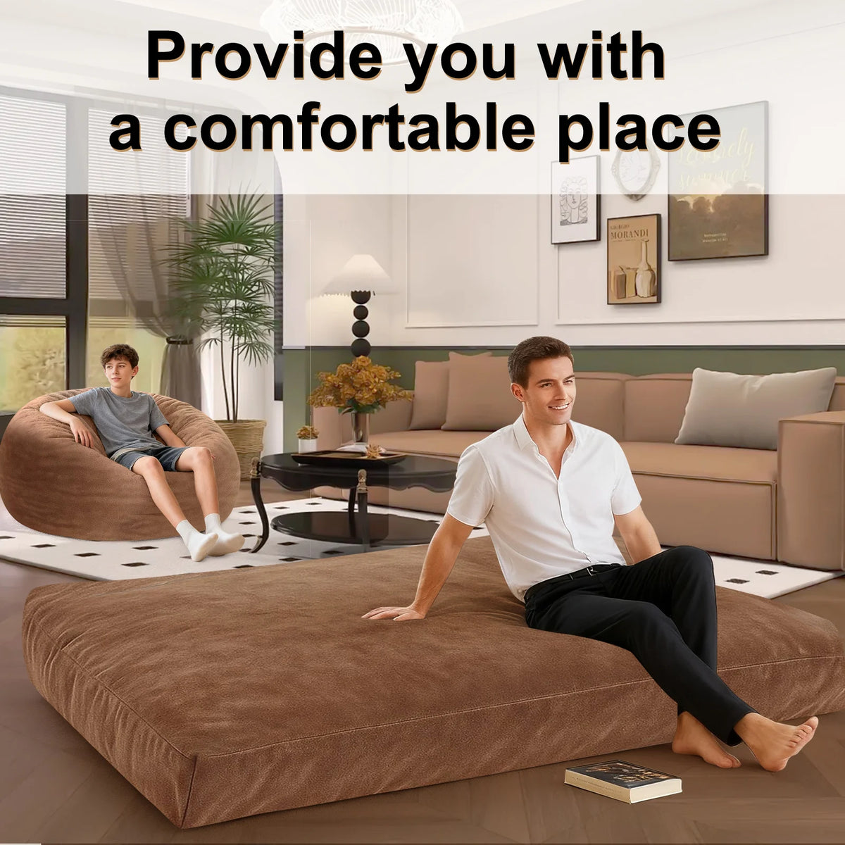 3-in-1 Adult Single Bean Bag Chair Bed, Memory Foam Convertible Lounger, Folds to Floor Mattress, Soft Washable Faux Fur Cover