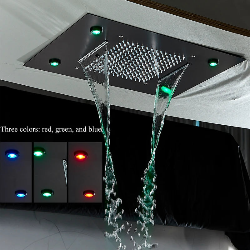 Luxury Waterfall Rains LED Light Shower Head 49*35cm Built-in Ceiling Shower Colorful Bathroom Showers