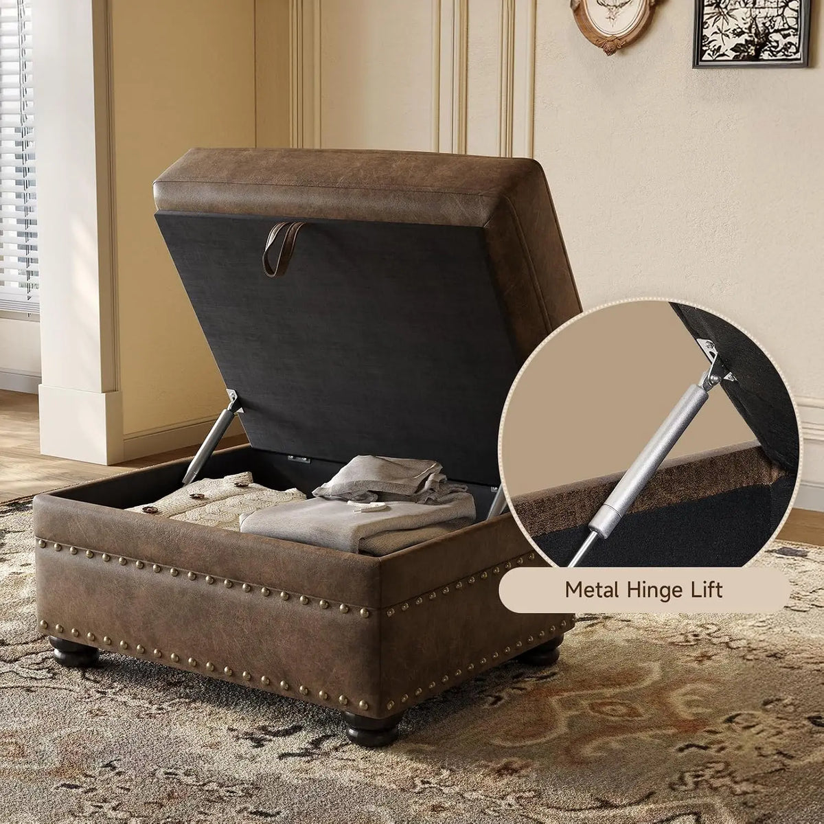 ONBRILL 1-Piece Brown Faux Leather Storage Ottoman, Rectangular Lift-Top Footstool with Nailhead Trim, Hidden Storage Compartment, Solid Wood Legs, 300-Lb Capacity for Living Room Bedroom Entryway